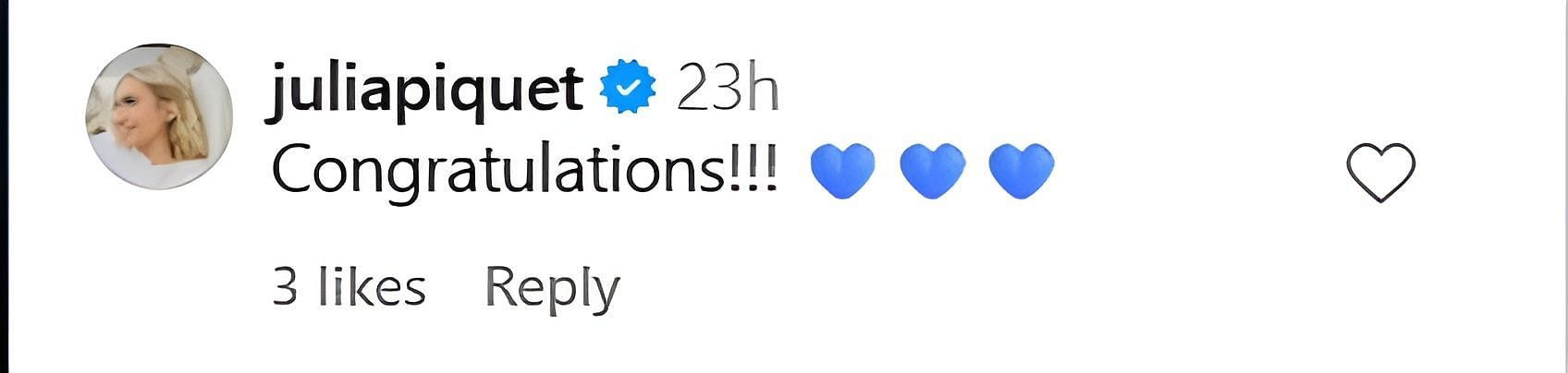 Julia Piquet's comment on Gianna Tulio's gender reveal post. Source: via Instagram, @giannatulio